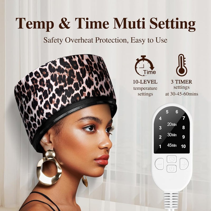 aopow Heat Cap Leopard Thermal Steam Cap - 10-Level Heating for Deep Conditioning Natural and Black Hair at Home - Image 4